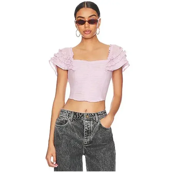 Free People Thank You Very Sweetly Ruffle Crop Top Pink Size Large - Picture 1 of 8